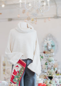 Knitted Fluffy High Neck Sweater in Cream